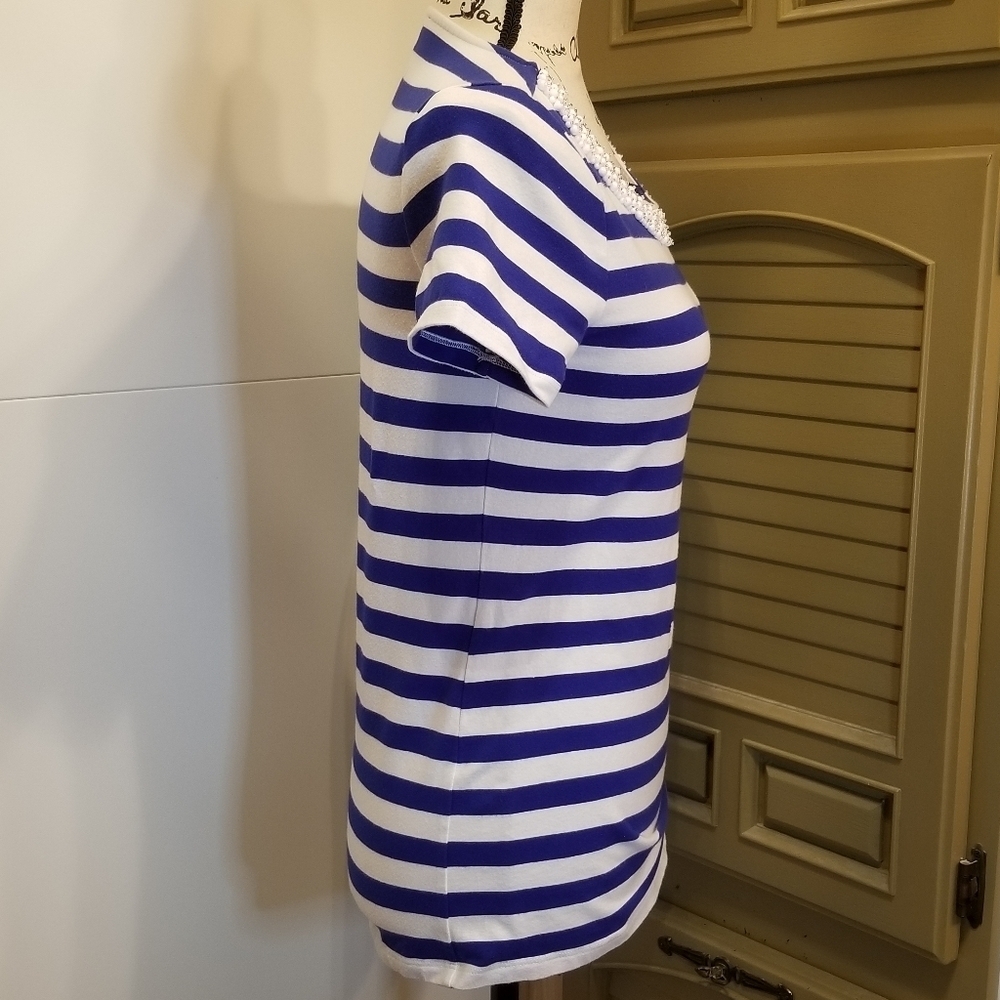 Talbots Blue White Nautical Striped Pearl Beaded Top XS - Picture 5 of 10